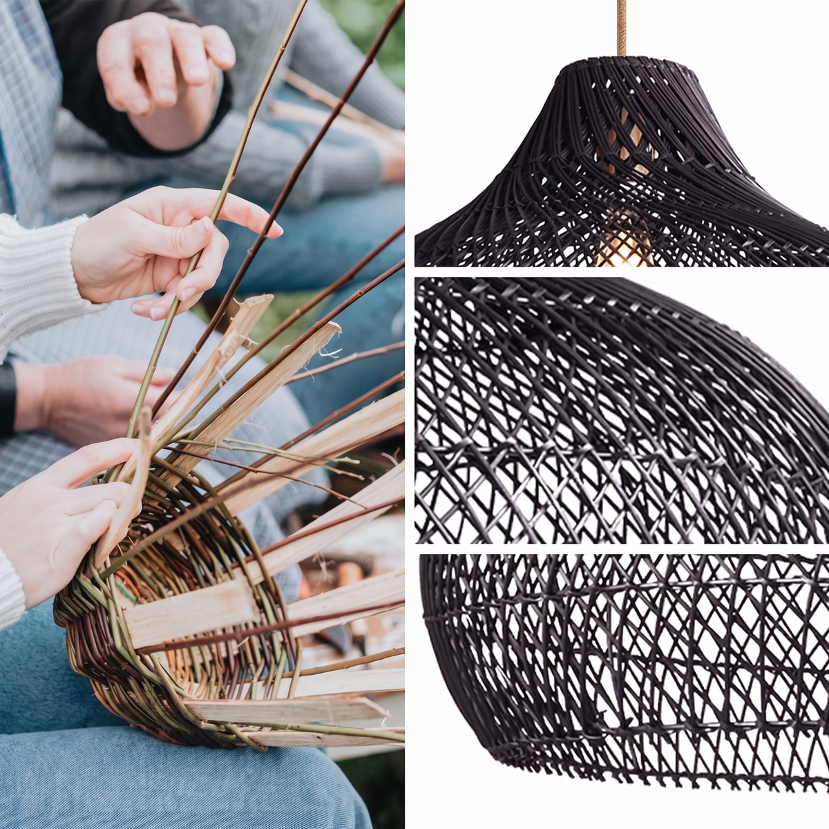 Suspension extérieure Kloe noire en rotin