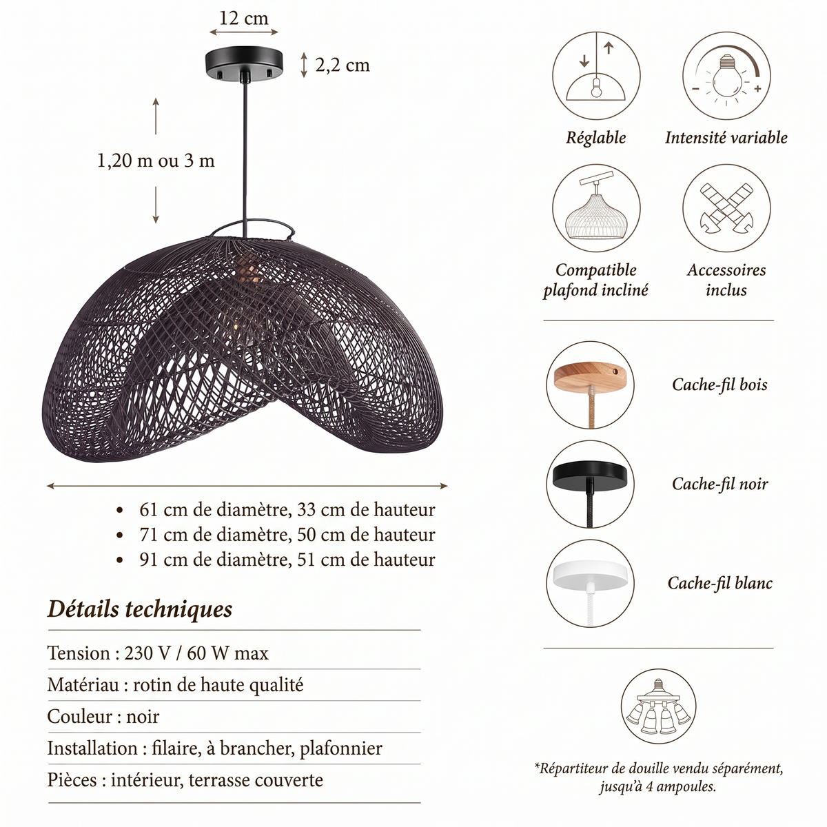 Suspension en rotin Lucian Ambravera, fiche technique et dimensions en centimetres