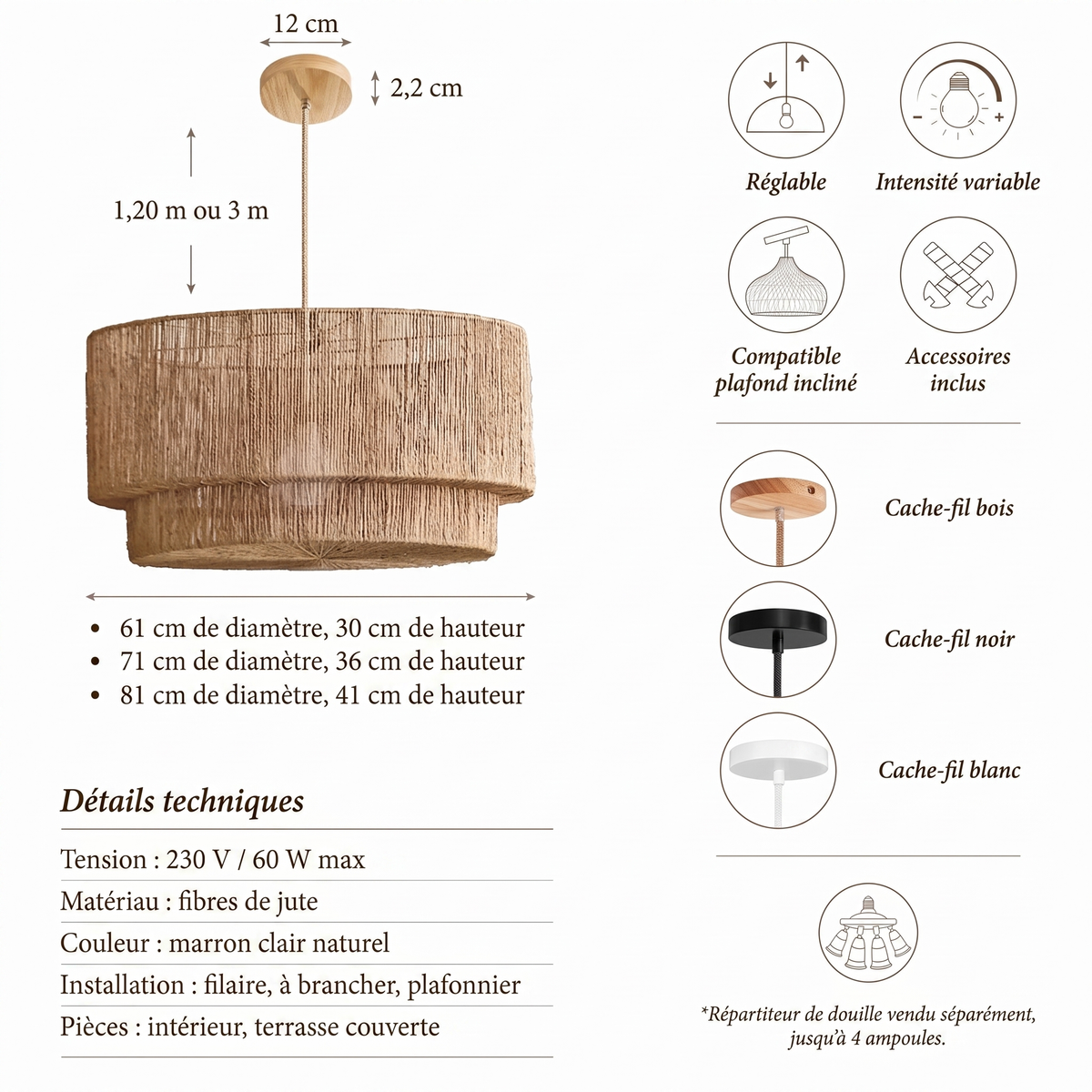 Suspension en rotin Luminous Ambravera, fiche technique et dimensions en centimetres