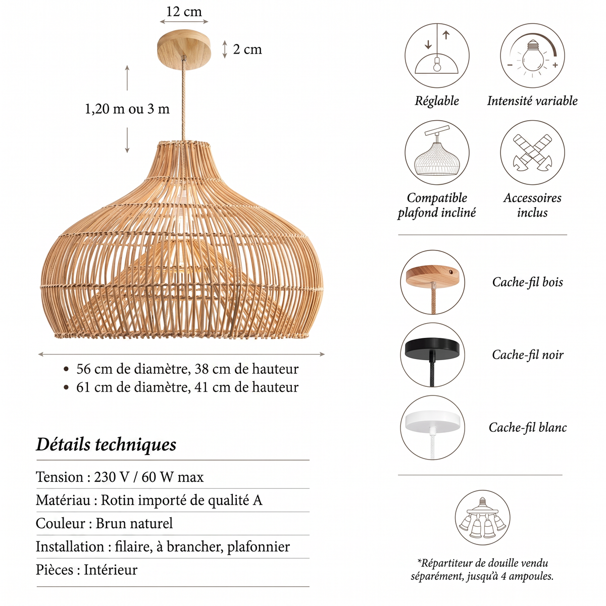 Suspension Oceania Cone en rotin Ambravera, fiche technique et dimensions en centimetres