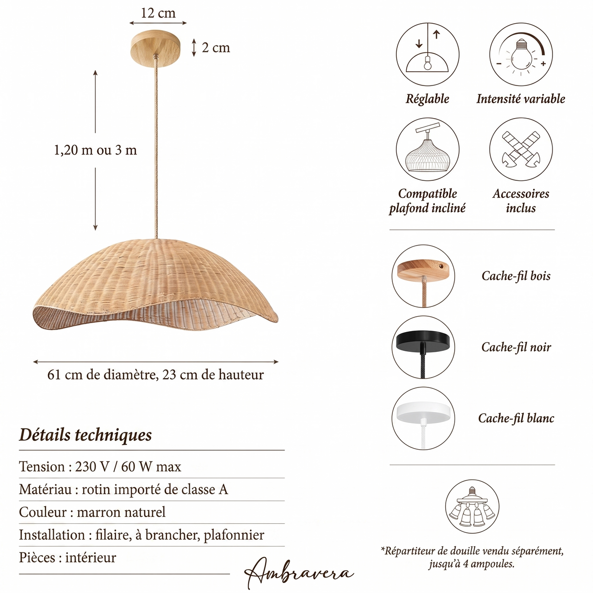 Suspension Nana Vermiculate Ambravera, fiche technique et dimensions en centimetres