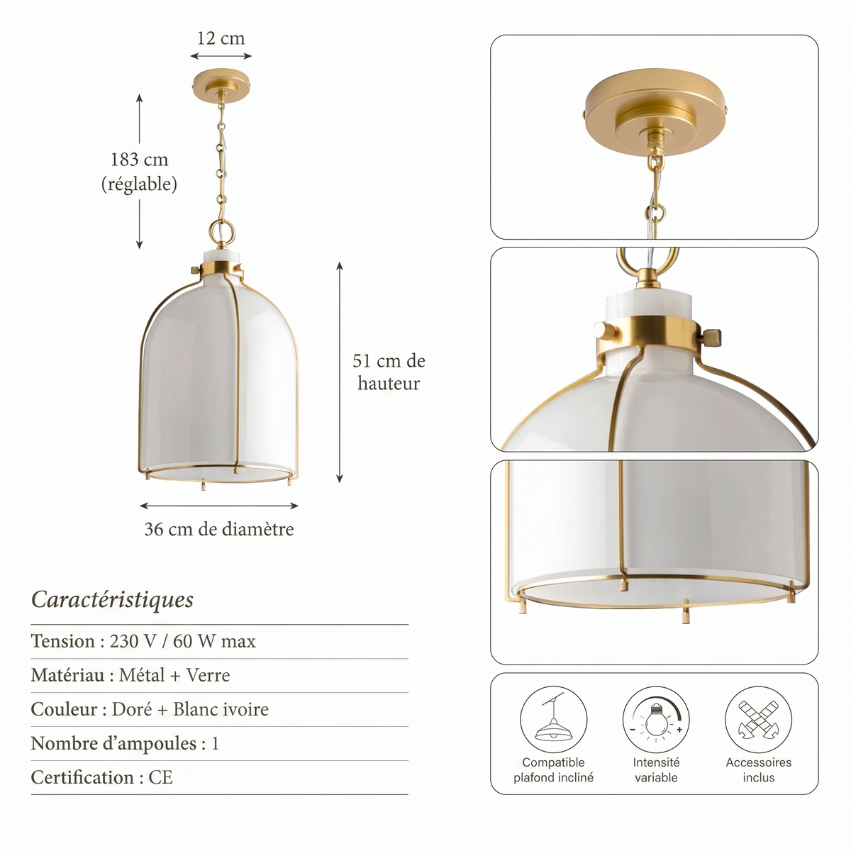 Suspension Nestia blanche Ambravera, fiche technique