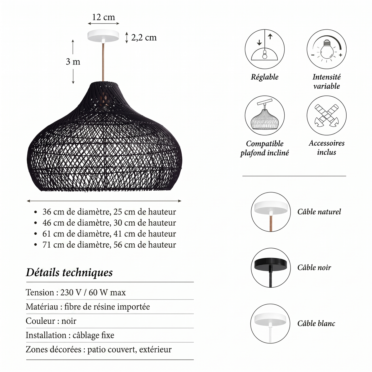 Détails techniques suspension extérieure Kloe noire
