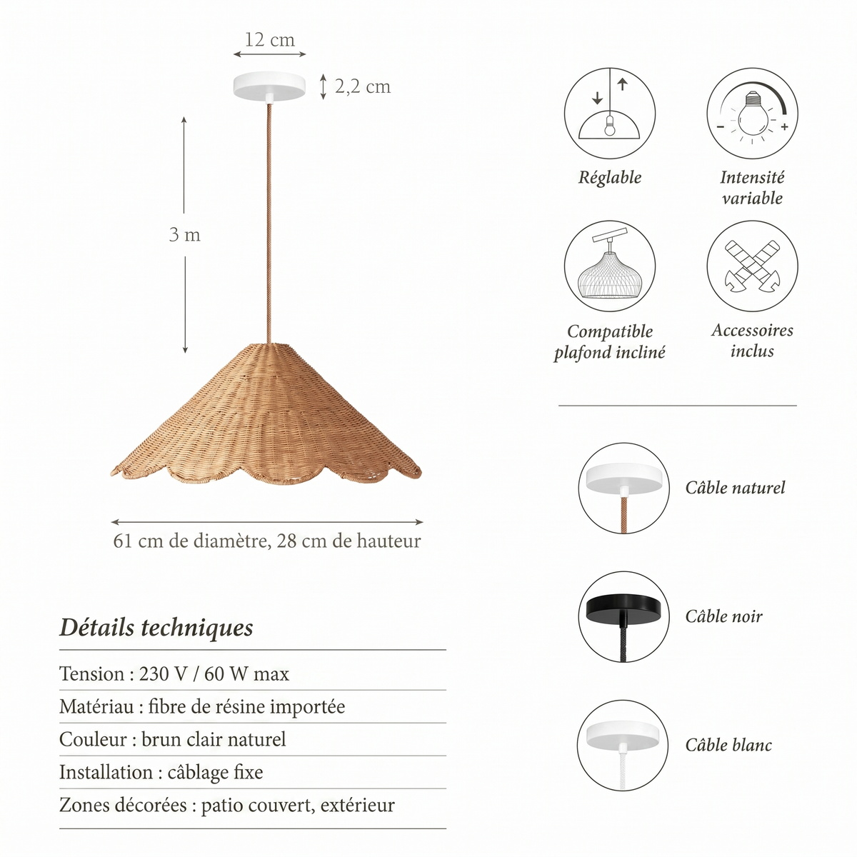 Détails techniques suspension extérieure Daisy Cone