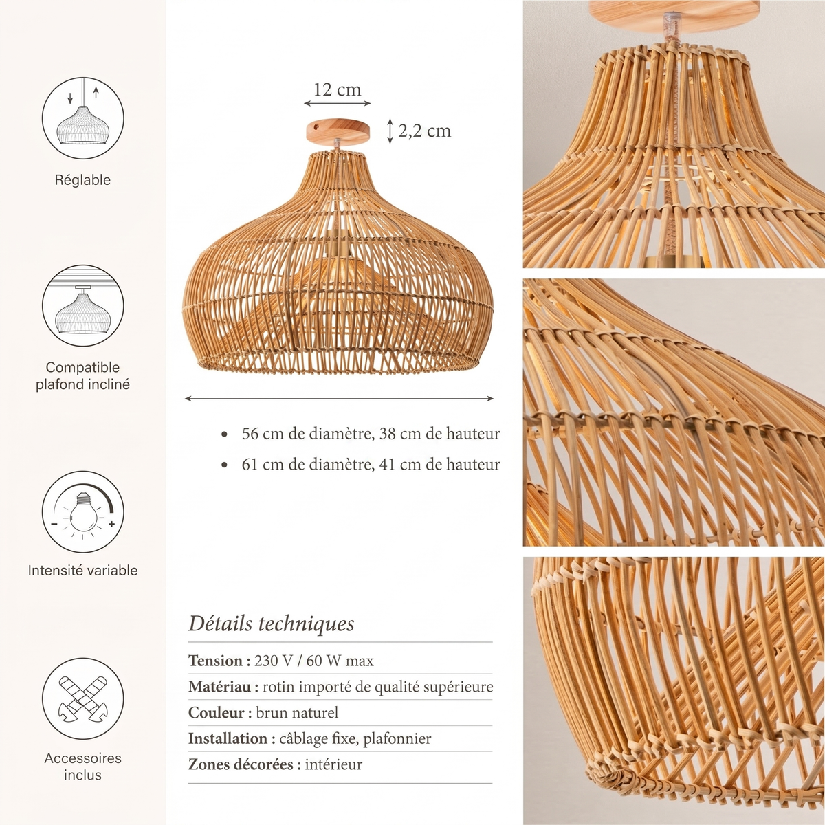 Détails techniques plafonnier Oceania Cone