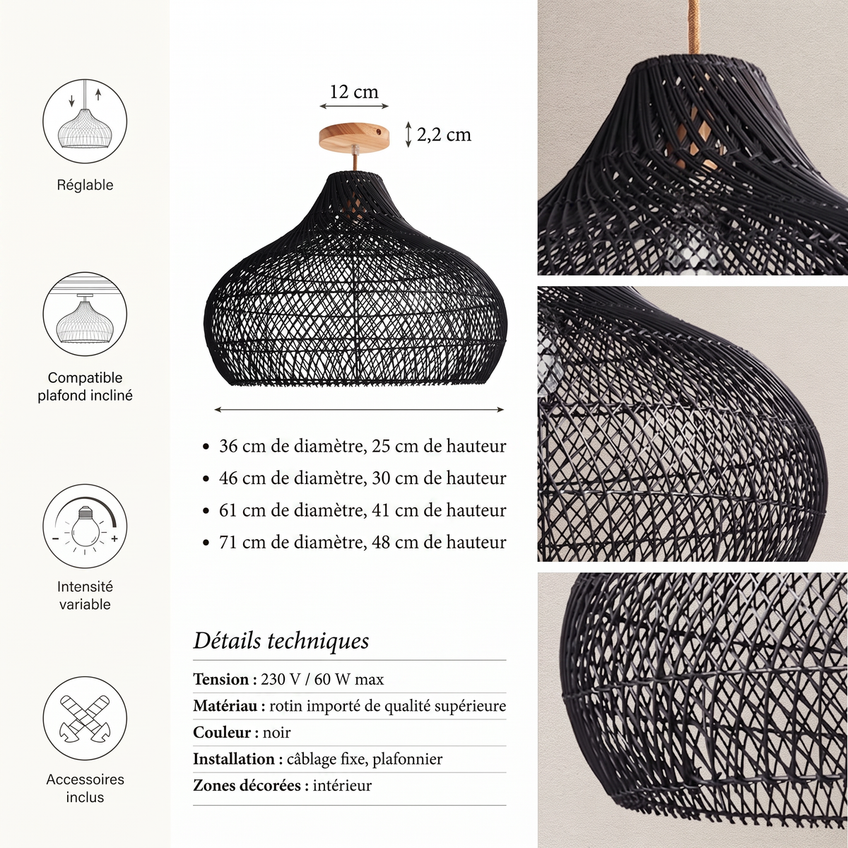 Détails techniques plafonnier Kloe noir