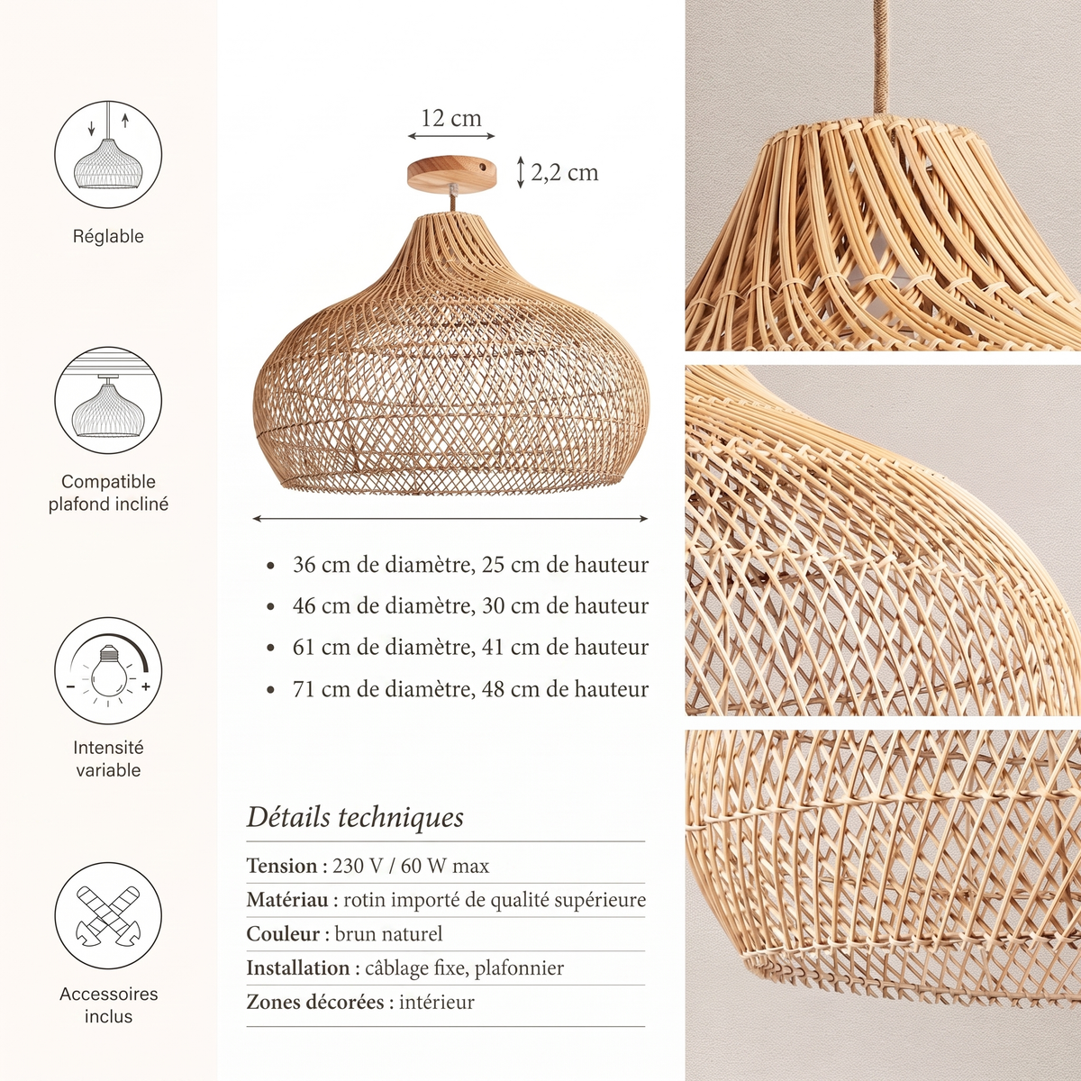 Détails techniques plafonnier Kloe