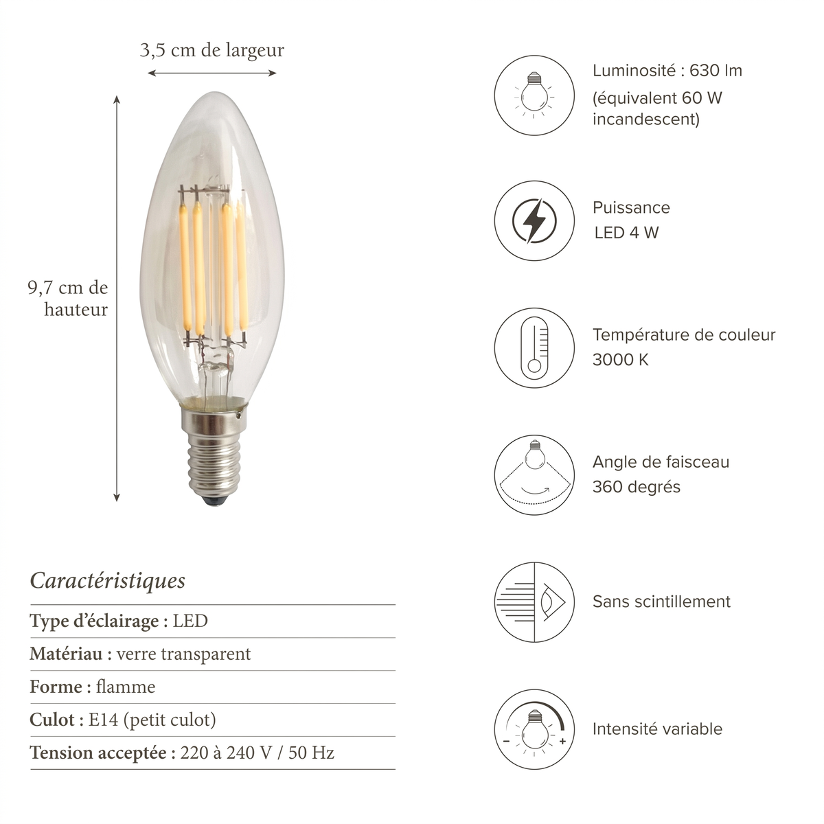 Caractéristiques ampoule LED filament C35 E14 3000K