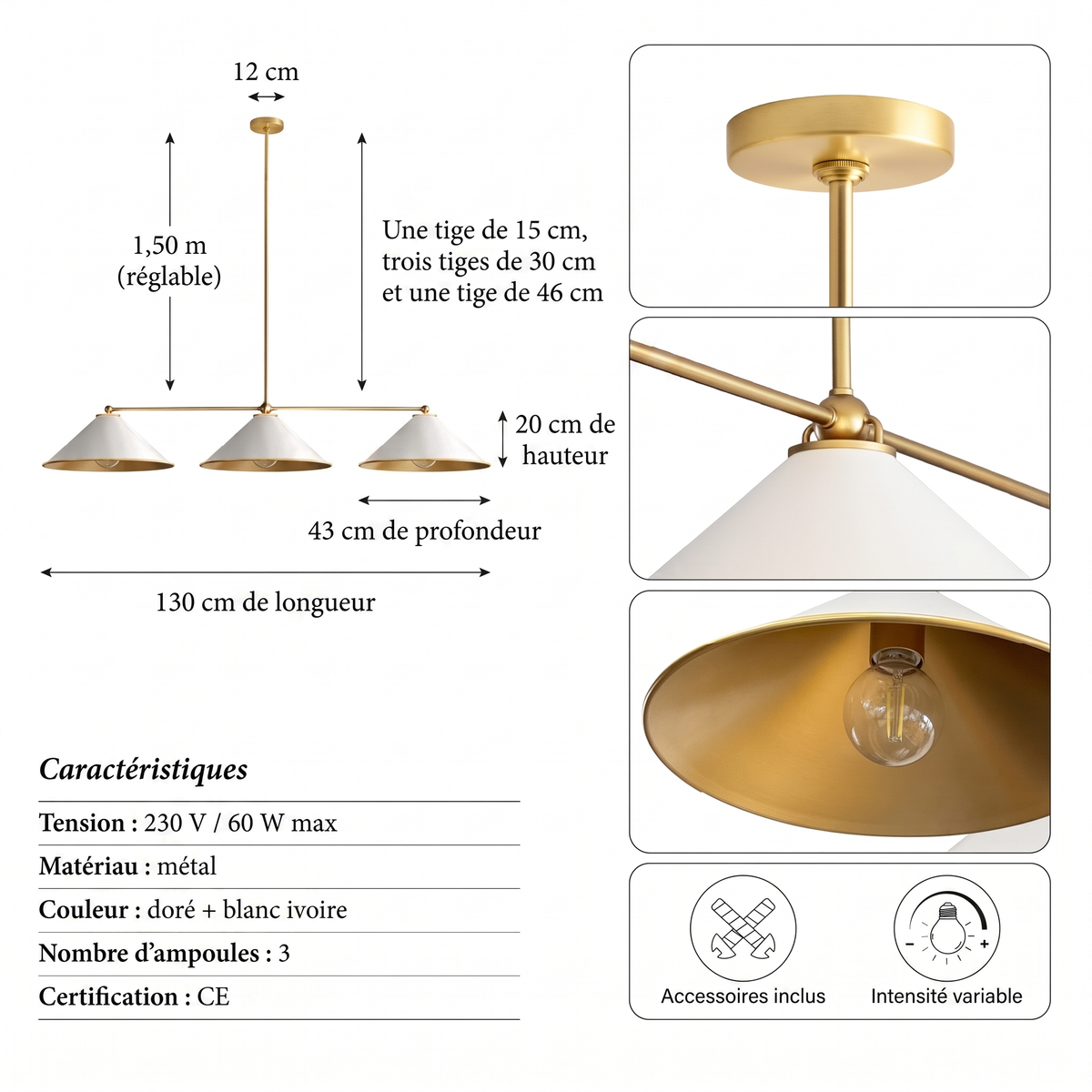 Caractéristiques suspension Liora à trois lumières