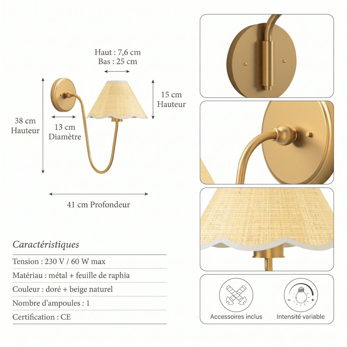 Caractéristiques applique Elara à bras courbé