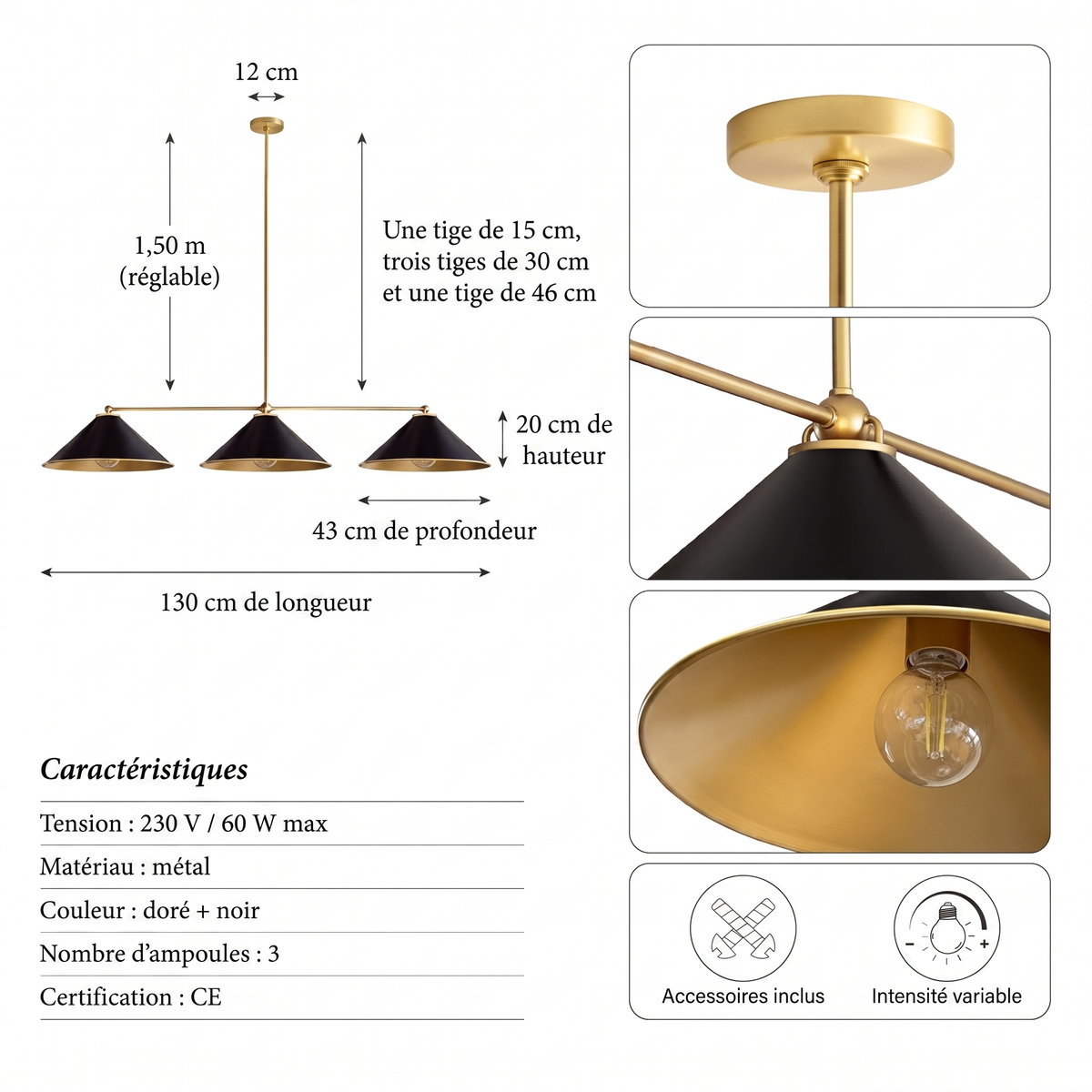 Caractéristiques suspension Liora noire à trois lumières