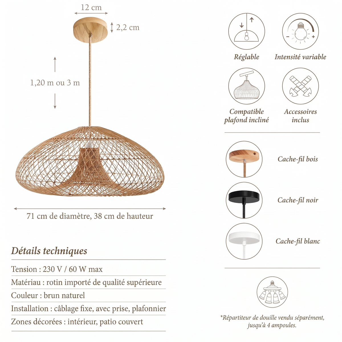 Détails techniques suspension Abyssal en rotin