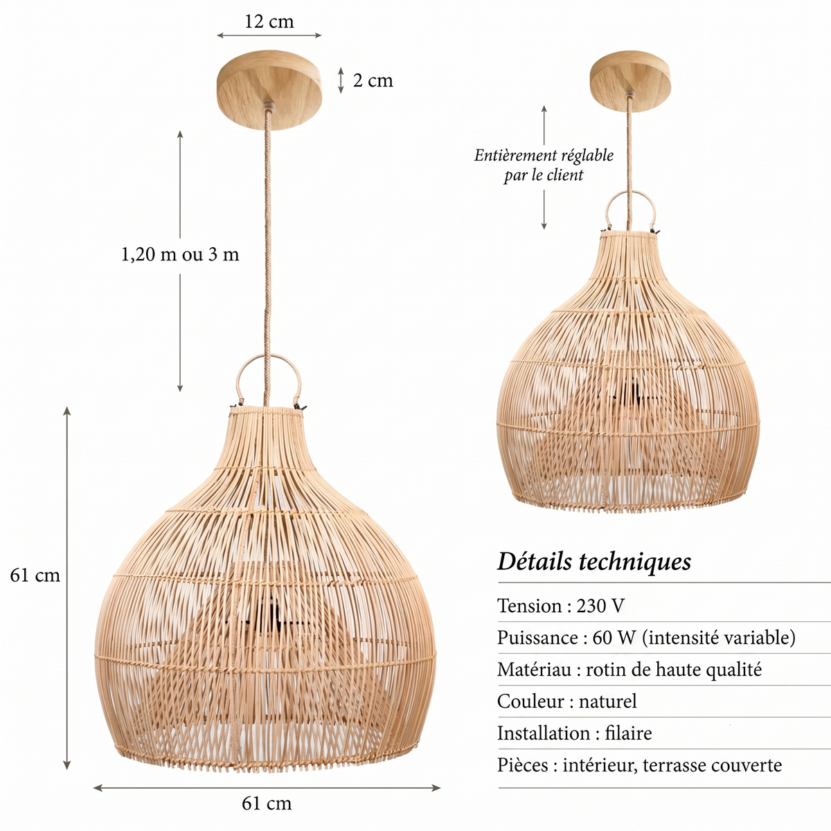 Suspension dome Serena en rotin, details techniques et dimensions