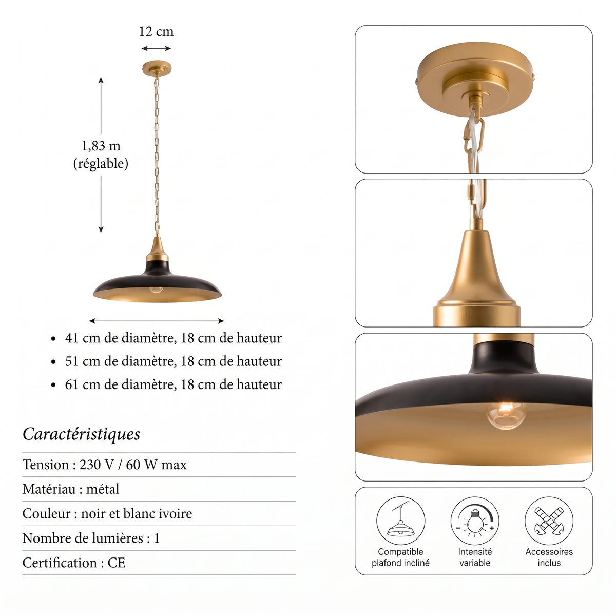Suspension dome Natalia noire, caracteristiques et dimensions
