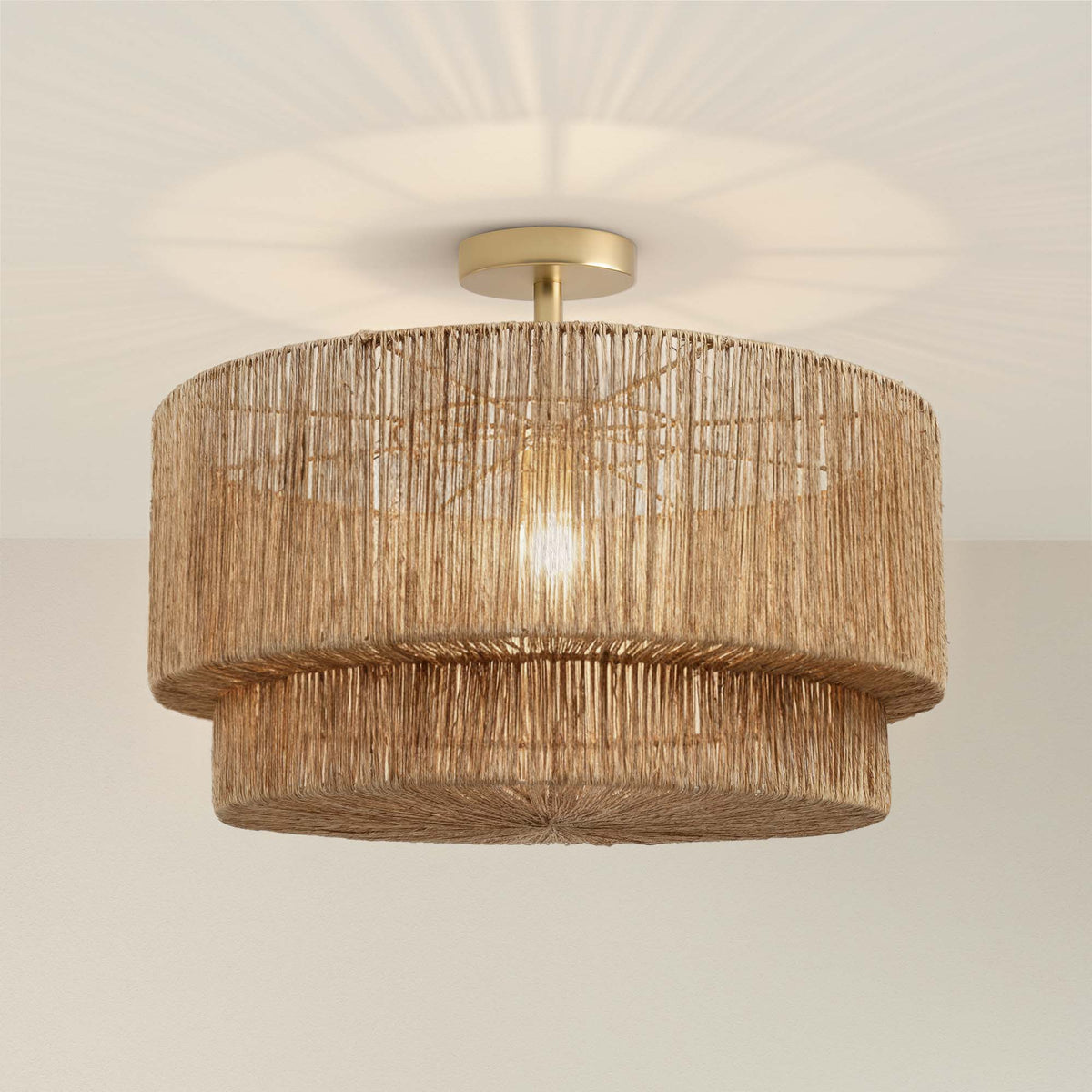 Plafonnier Luminous en rotin, dentelle blanche