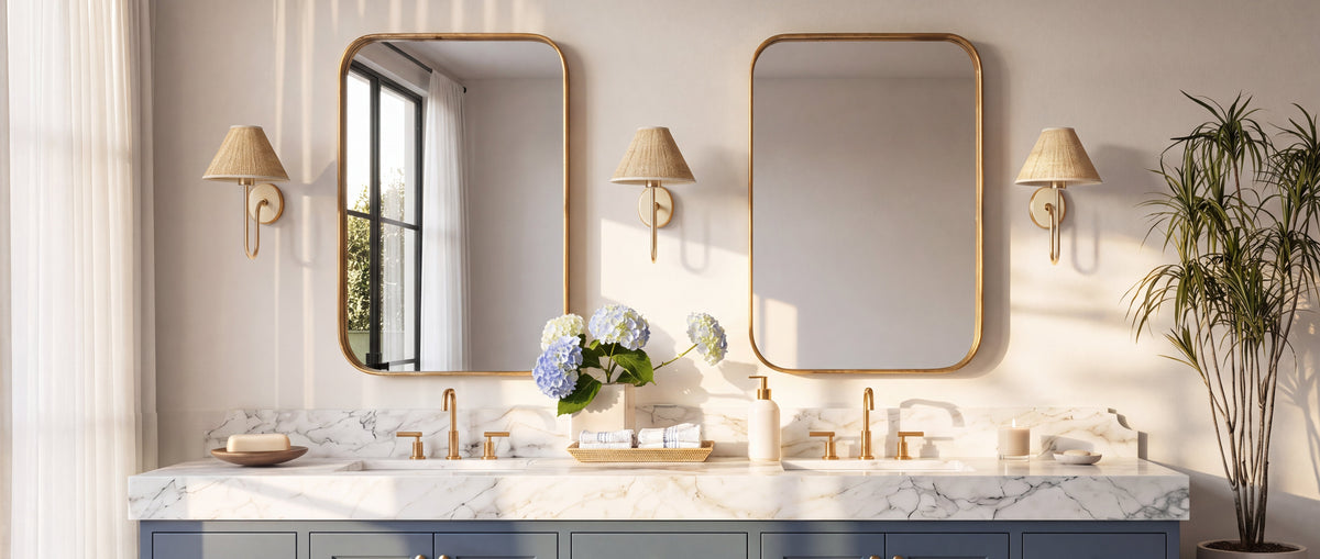 Salle de bain lumineuse, appliques en raphia tressé et double vasque en marbre