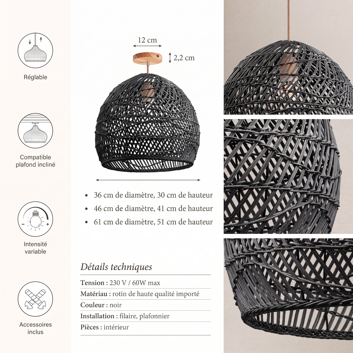 Plafonnier en rotin Lunar Ambravera, fiche technique et dimensions en centimetres