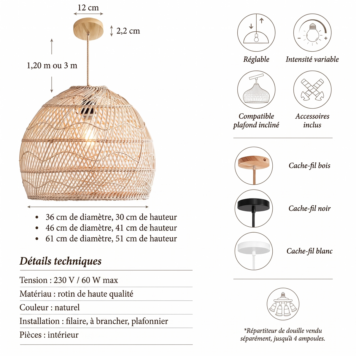 Suspension en rotin Santana Ambravera, fiche technique et dimensions en centimetres