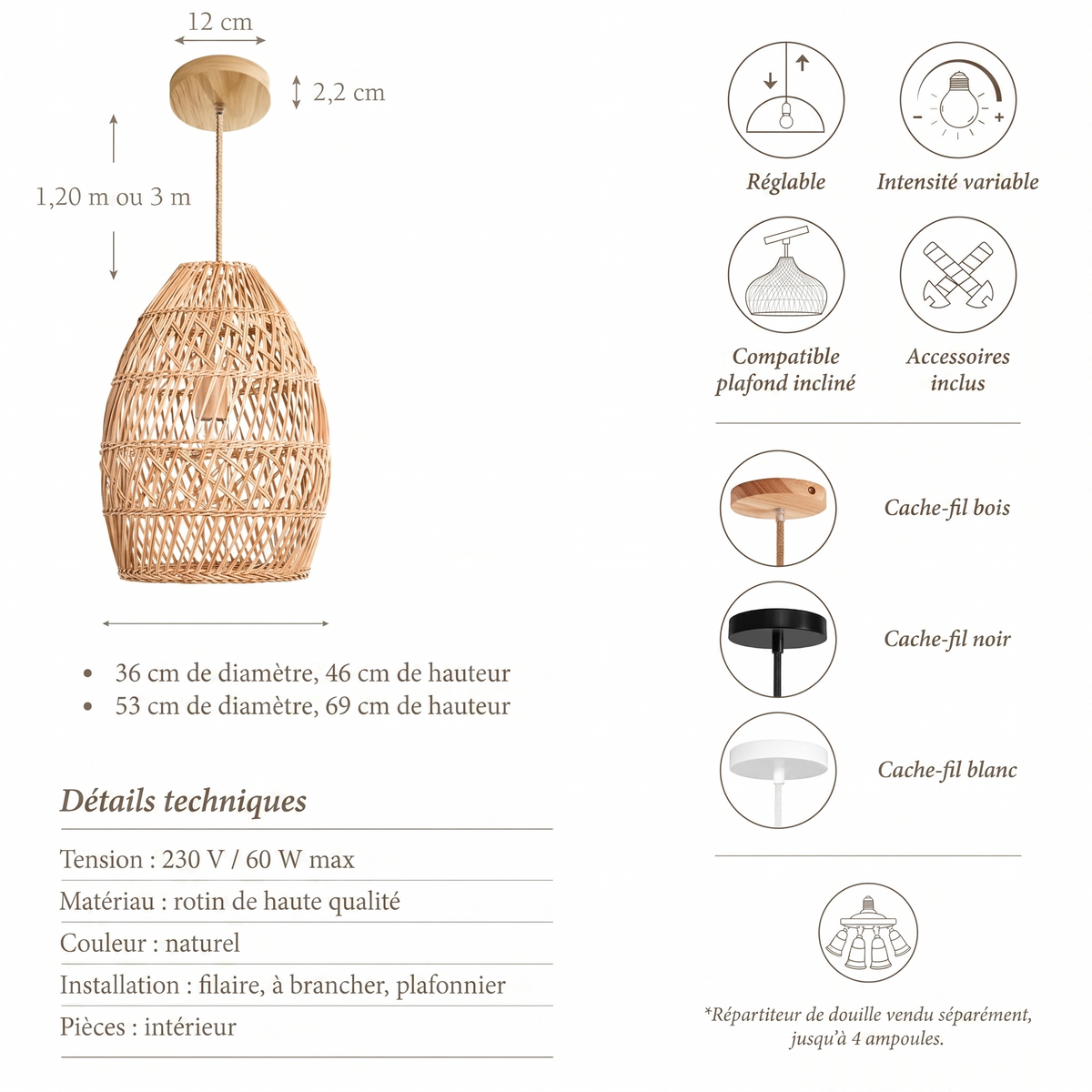 Suspension en rotin Callie Ambravera, fiche technique et dimensions en centimetres