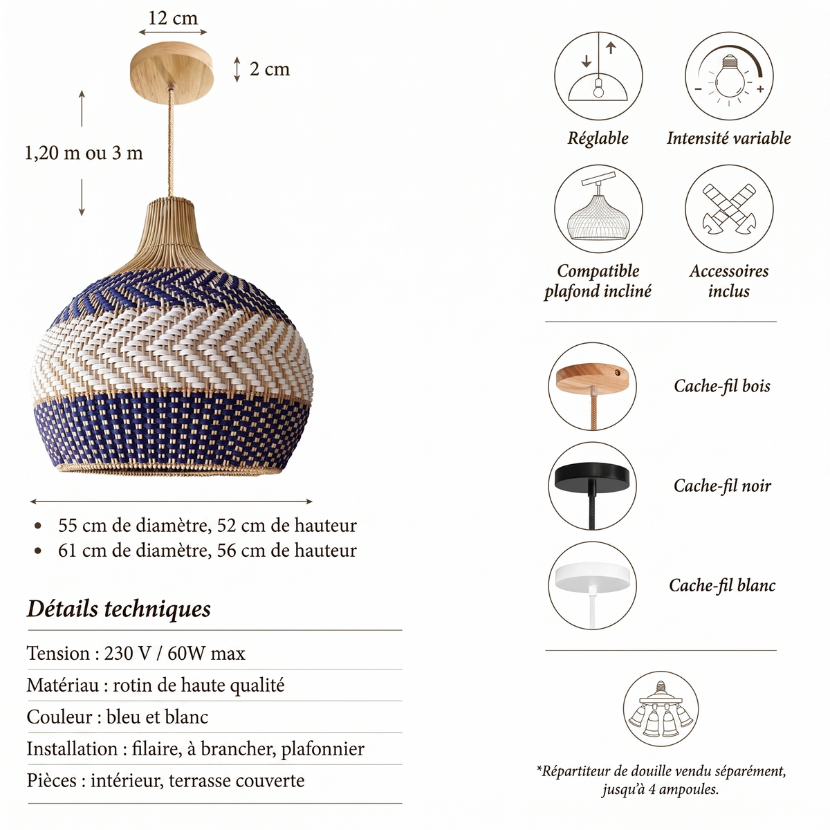 Suspension en rotin Ethereal Ambravera, fiche technique et dimensions en centimetres