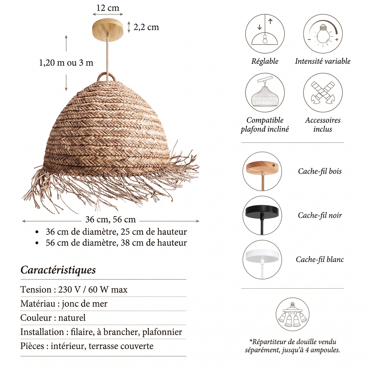 Suspension en jonc de mer Selene Ambravera, fiche technique et dimensions en centimetres