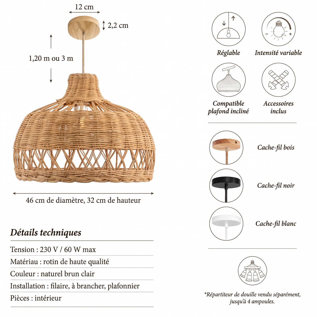 Suspension en rotin Bureau Ambravera, fiche technique et dimensions en centimetres
