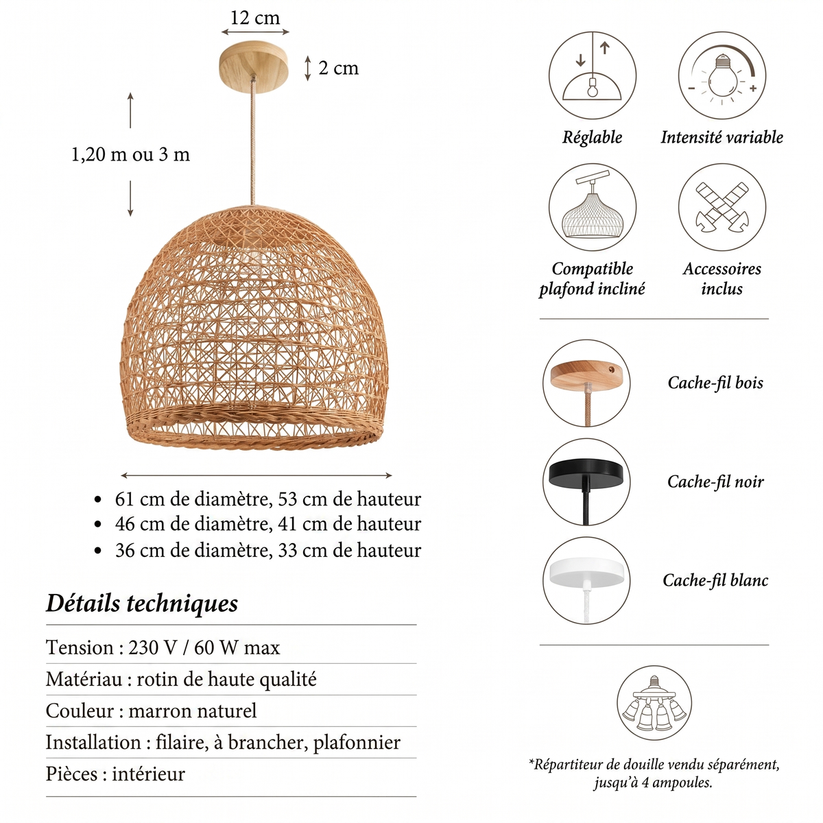 Ambravera Suspension en rotin Lumiere caracteristiques