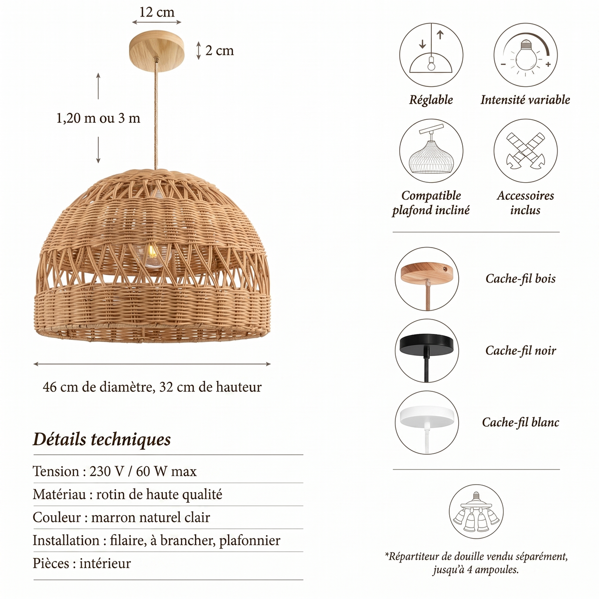 Suspension en rotin Radiant Ambravera, fiche technique et dimensions en centimetres