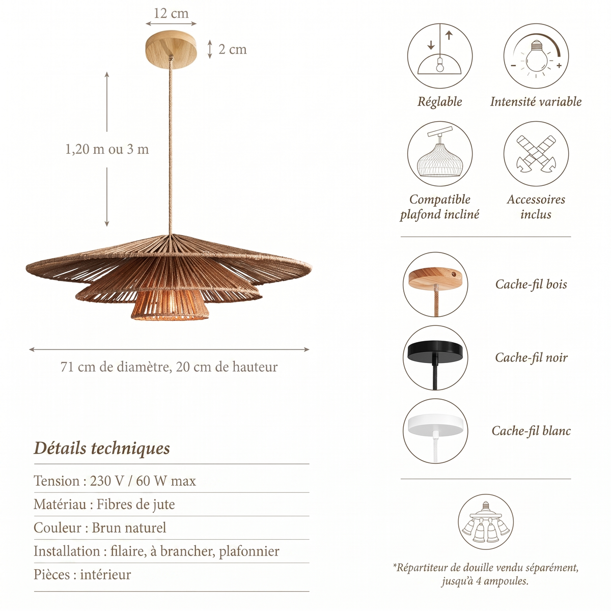Suspension a etages Sammie Ambravera, fiche technique et dimensions en centimetres