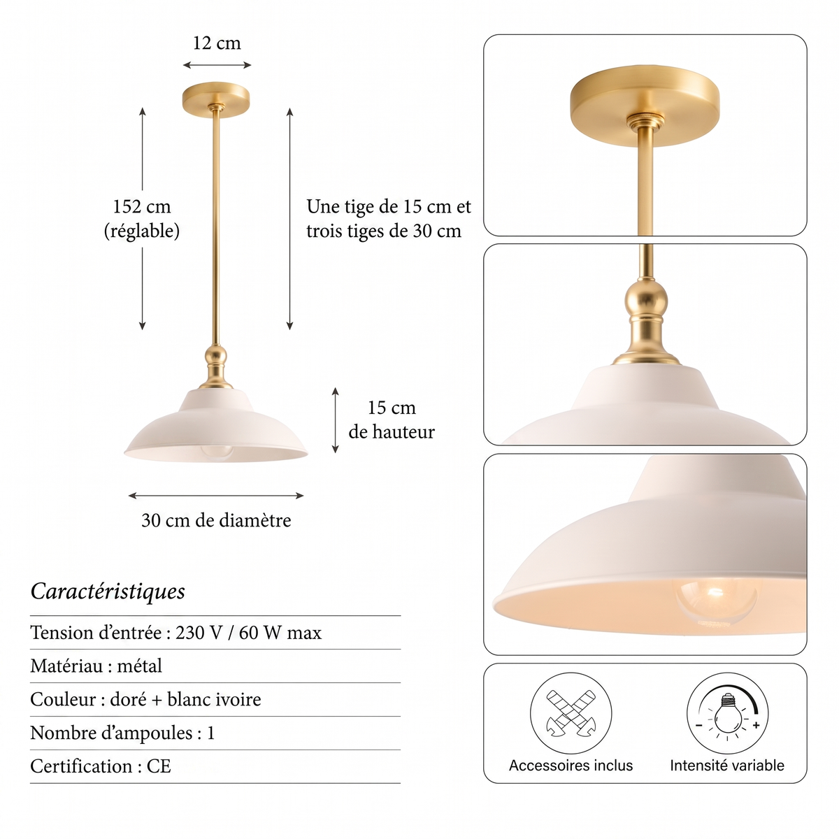 Suspension Tresor blanche Ambravera, fiche technique