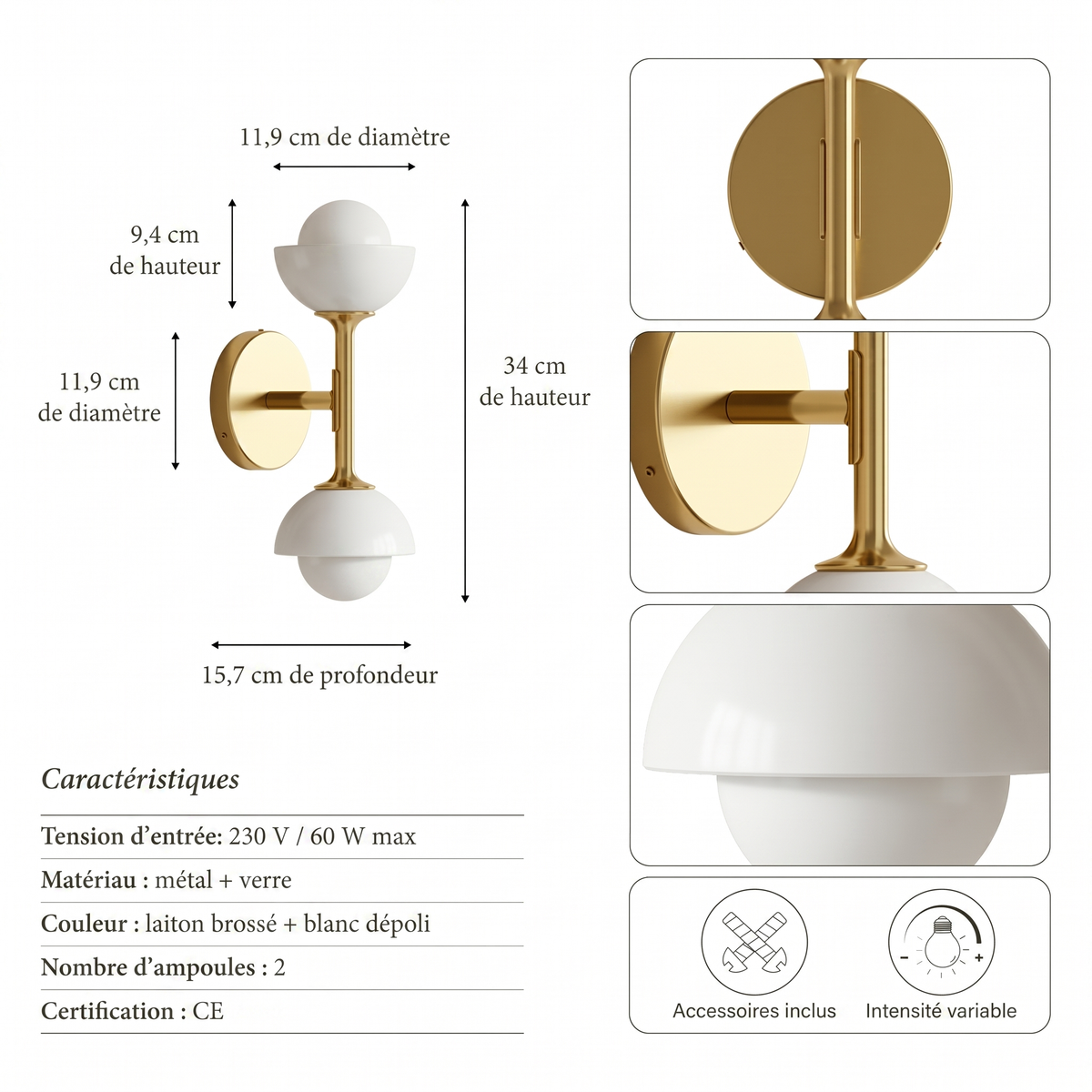 Applique Stella a double globe Ambravera, fiche technique