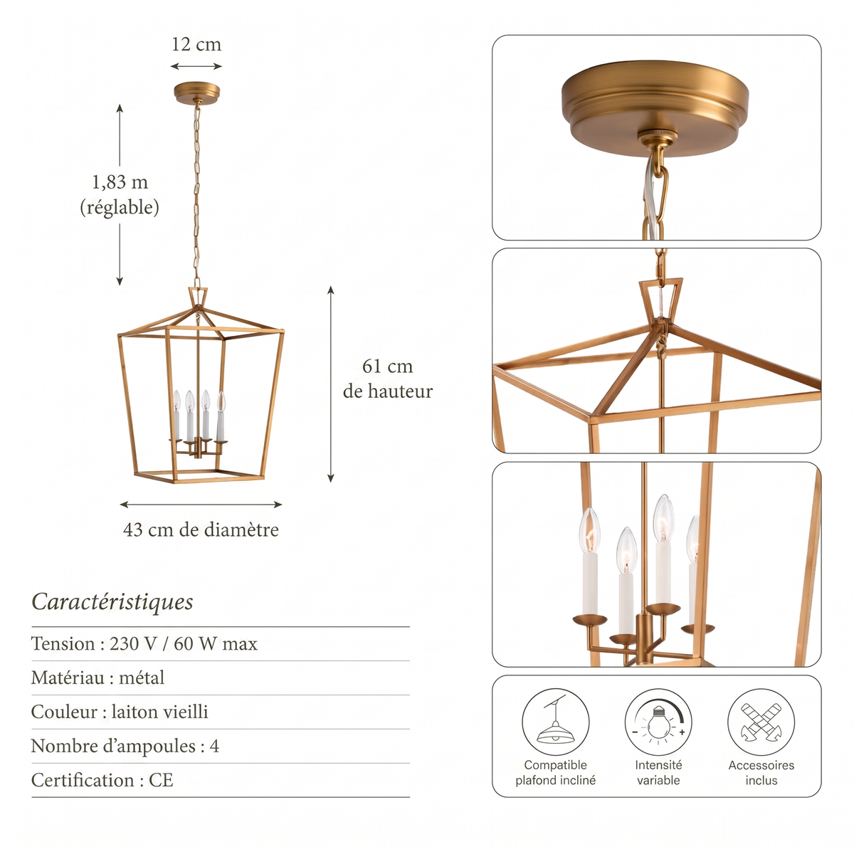 Suspension lanterne Seraphine Ambravera, fiche technique
