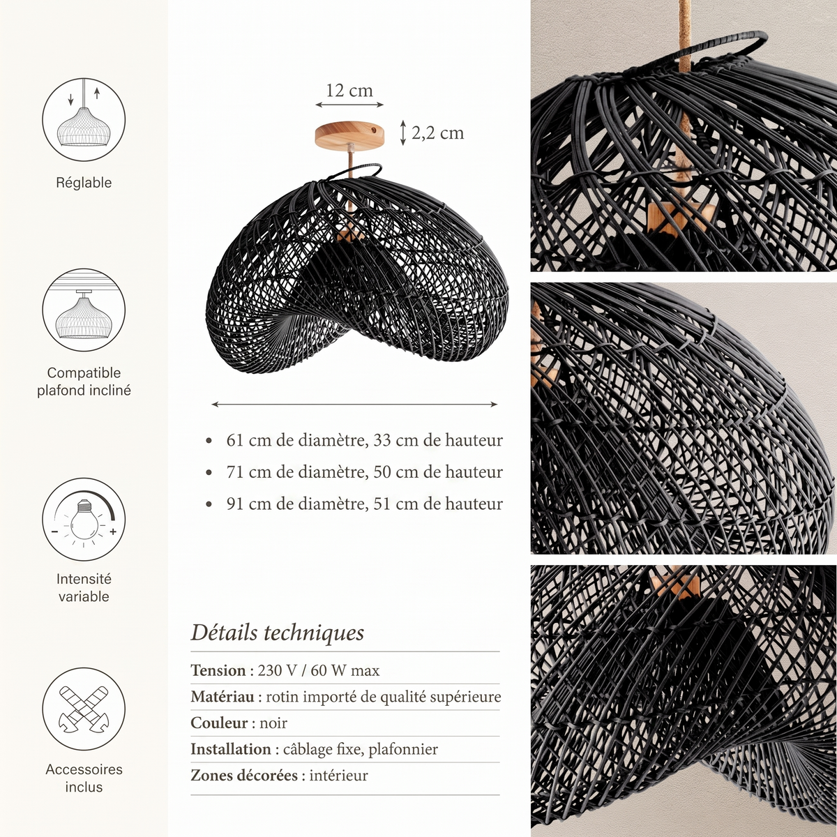 Détails techniques plafonnier Sepherina noir