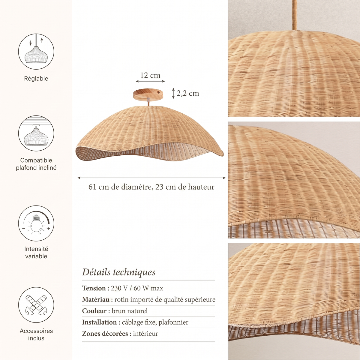 Détails techniques plafonnier Nana Vermiculate