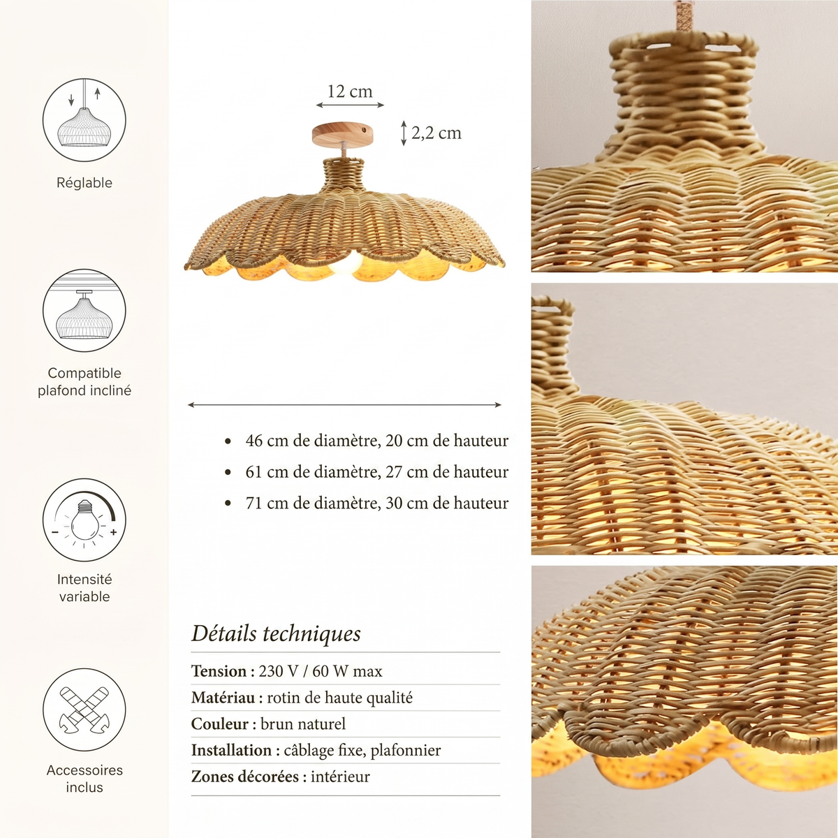 Détails techniques plafonnier Aurelia