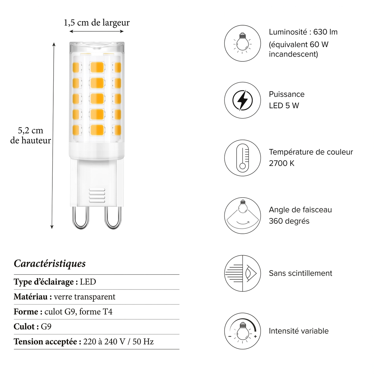 Caractéristiques ampoule LED G9 2700K