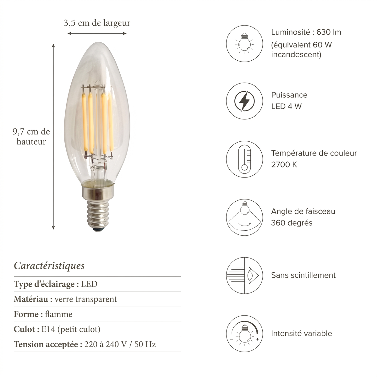 Caractéristiques ampoule LED filament C35 E14 2700K