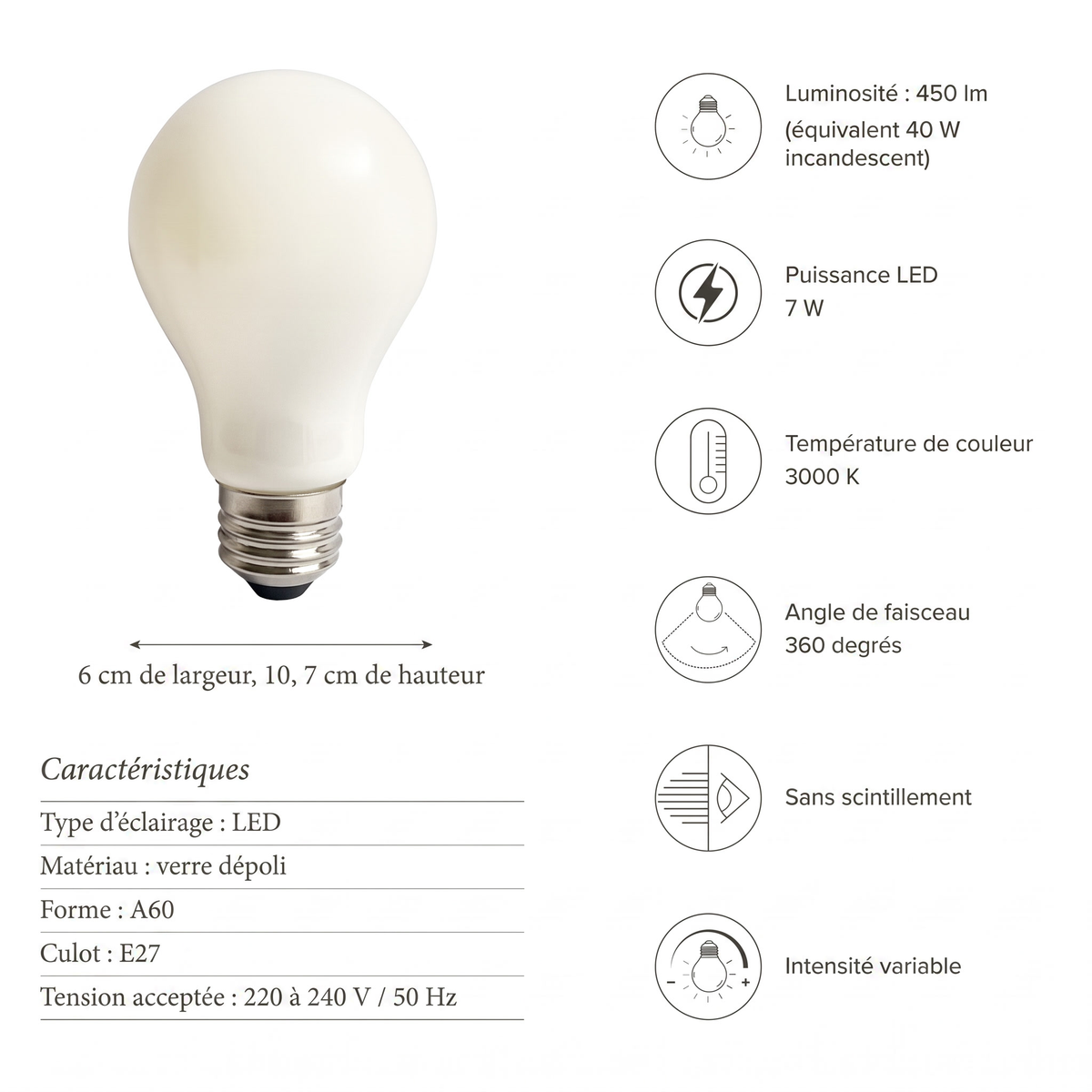 Caractéristiques ampoule LED A60 E27 3000K