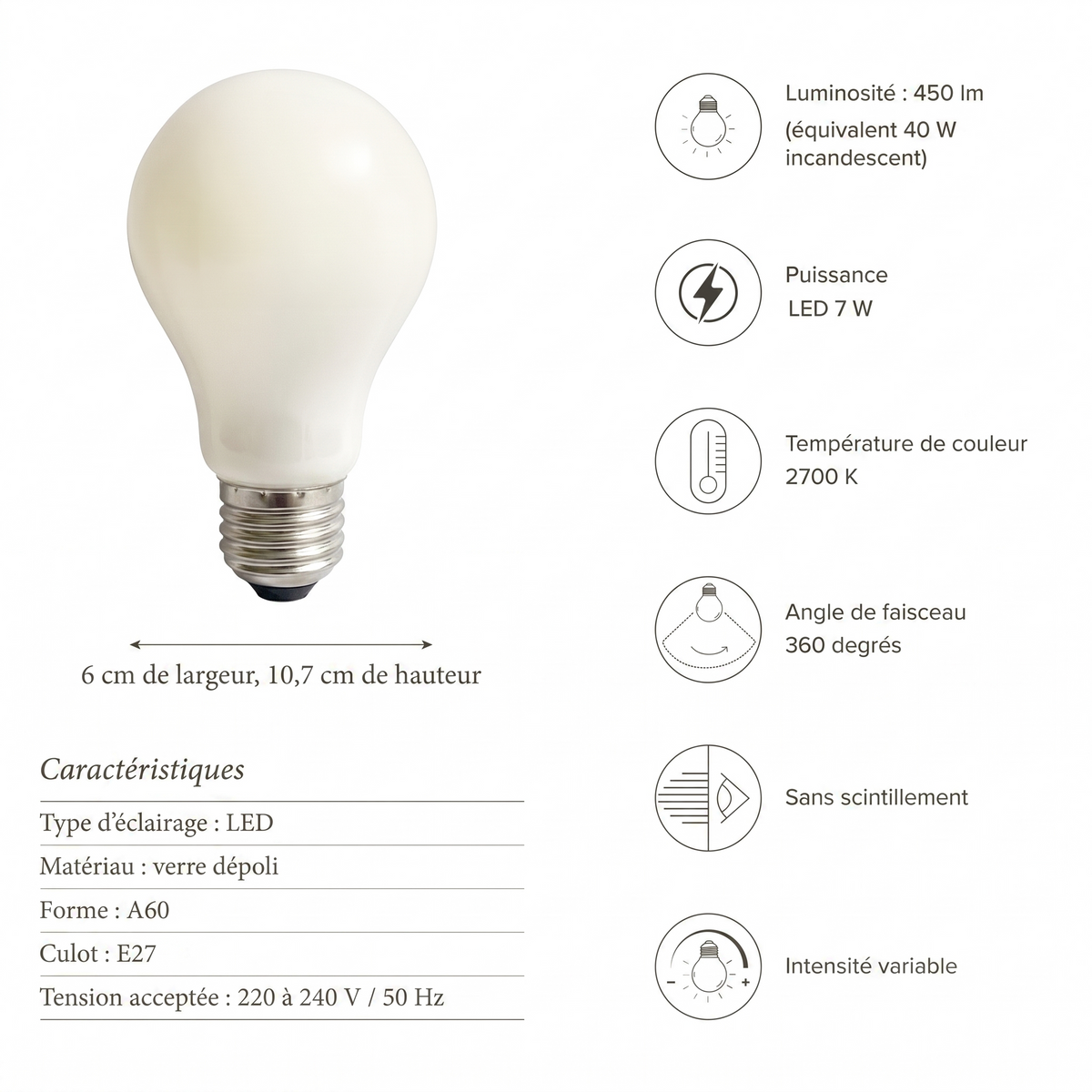 Caractéristiques ampoule LED A60 E27 2700K