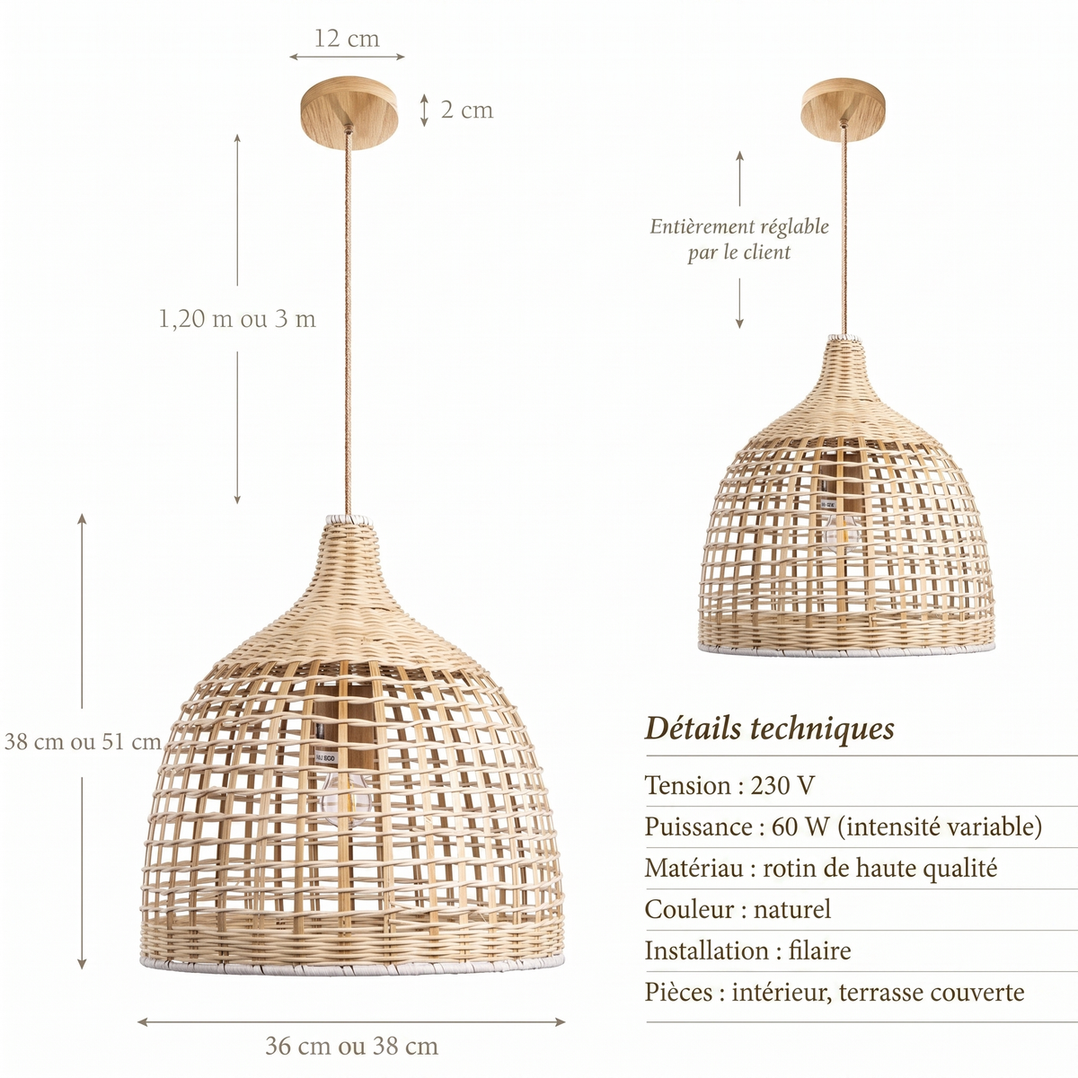 Suspension Ellie en rotin, details techniques et dimensions