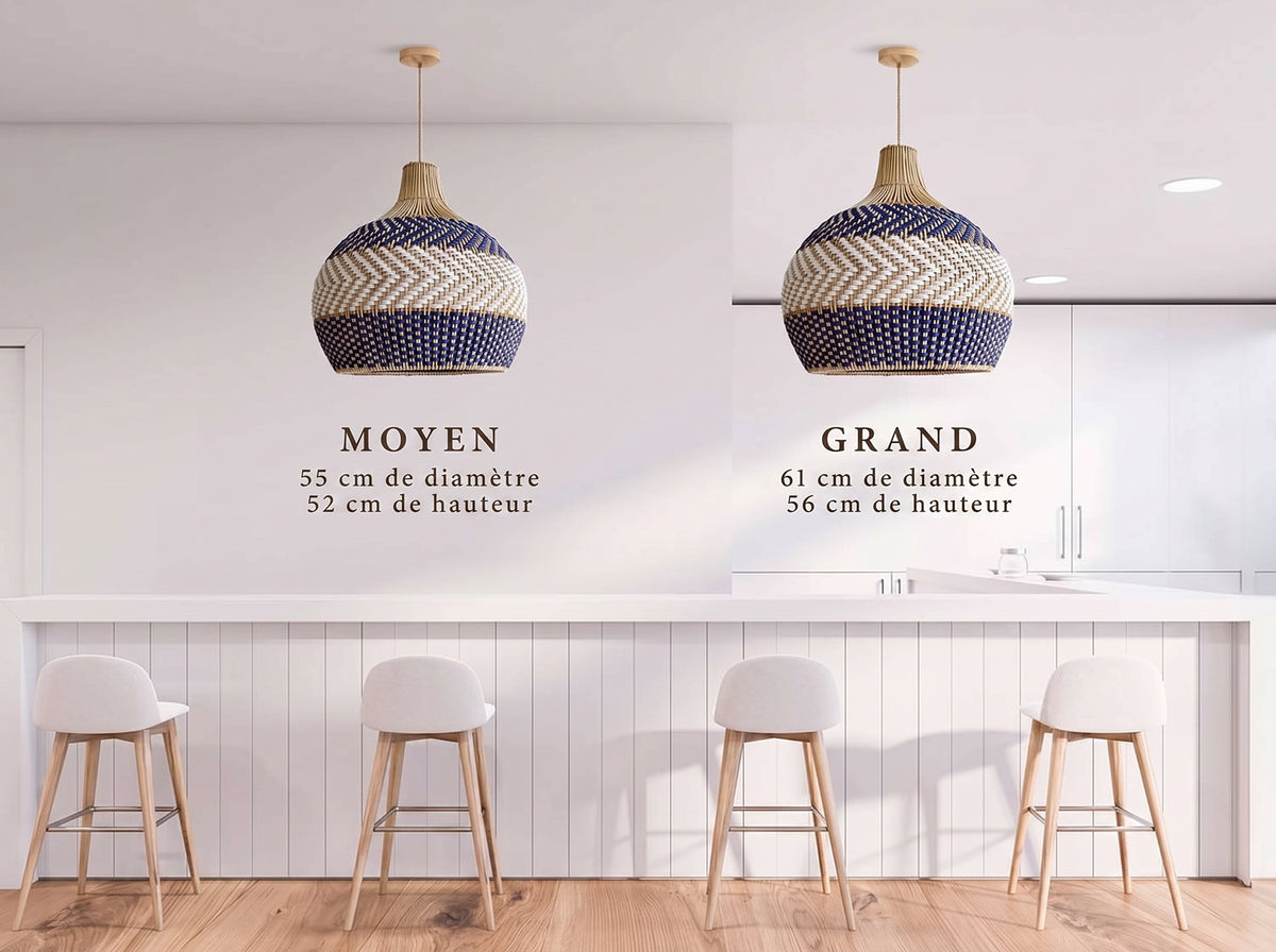 Suspension en rotin Ethereal Ambravera, les tailles cote a cote